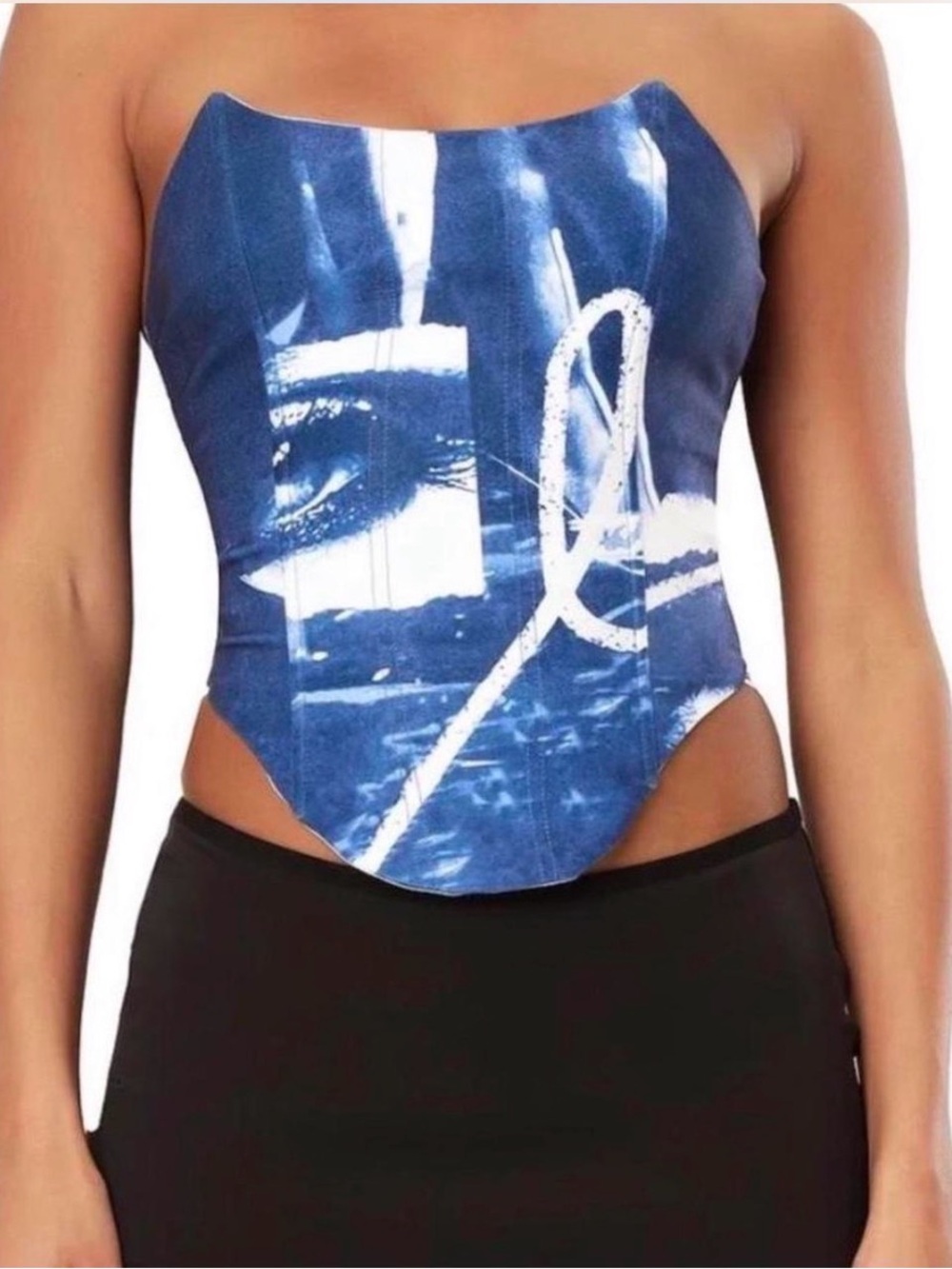Blue Strapless Graphic Corset Top